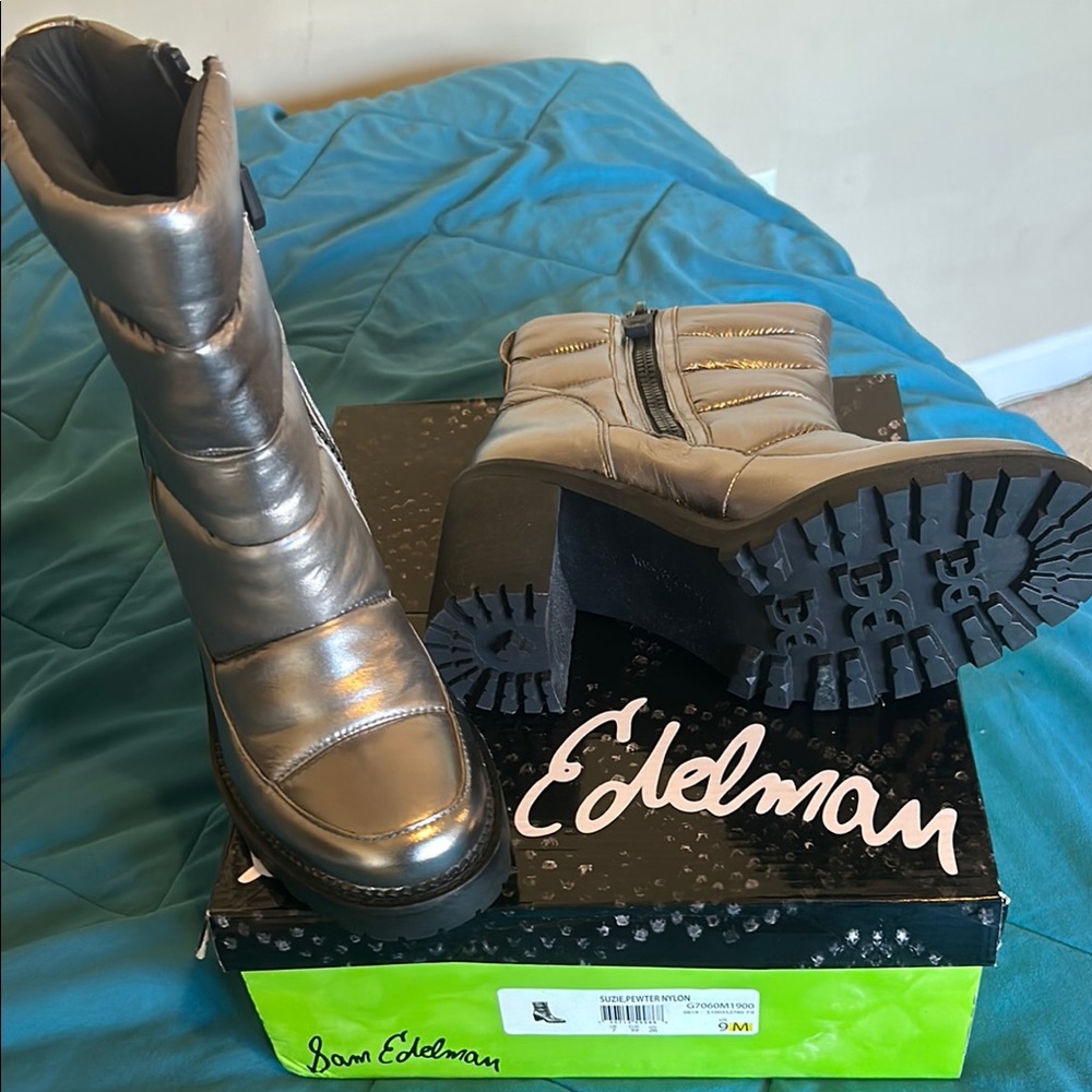 Sam Edelman Metallic Silver Boots with Rugged Sole and Quilted Design (NWT)